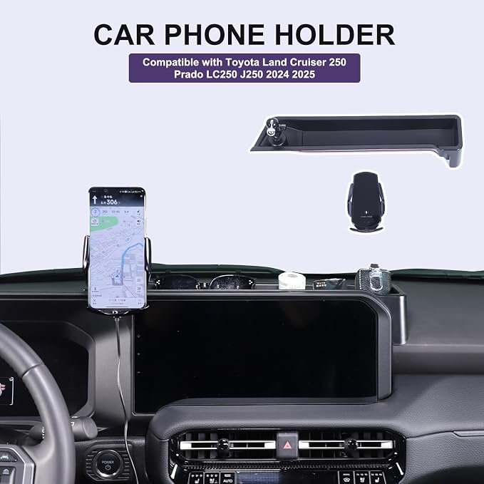 Car Center Console Dash Organizer with Phone Holder Compatible with Toyota Land Cruiser 250 Prado LC250 J250 2024 2025,ABS Dashboard Tray Storage Box Interior Accessories (Phone Mount Holder E)