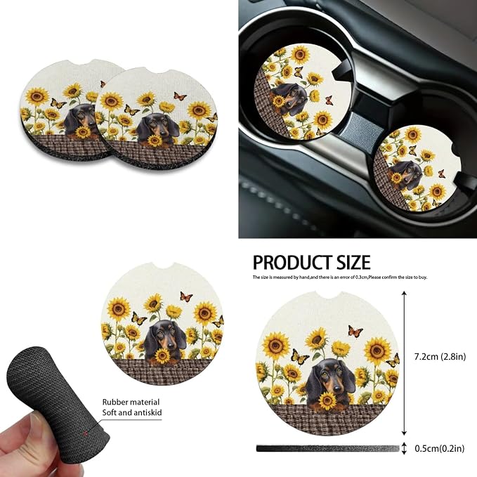 Dachshund Sunflower Butterfly Pattern Car Seat Covers Full Set Car Accessories Pack of 10 Steering Wheel Cover Cup Holder Car Trash Can Keychain Air Vent Pounch Bag Interior Covers for Auto