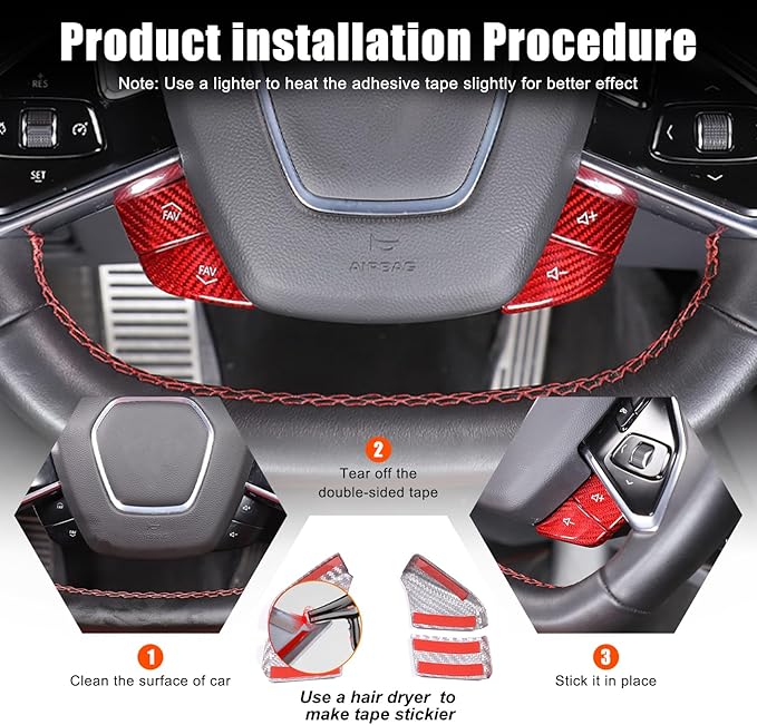 Dry Carbon Fiber Central Control Steering Volume Button Cover Compatible with Corvette C8 2020-2025 Accessories 4Pcs Center Consoles Steering Button Panel Sticker Decorative Interior Trim (Red)