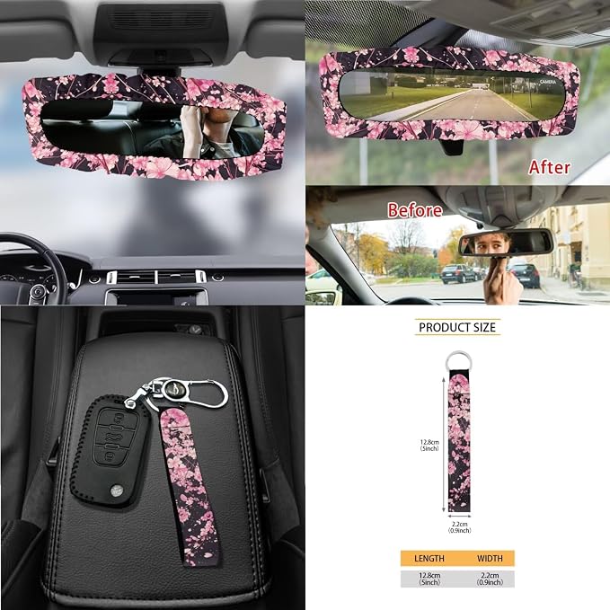 Cat Print Automotive Seat Covers Full Set of 15 Cherry Blossom Print Front Rear Seat Cover Steering Wheel Cover Safety Belt Pads Garbage Bag Car Air Vent Organizer Cup Cushions
