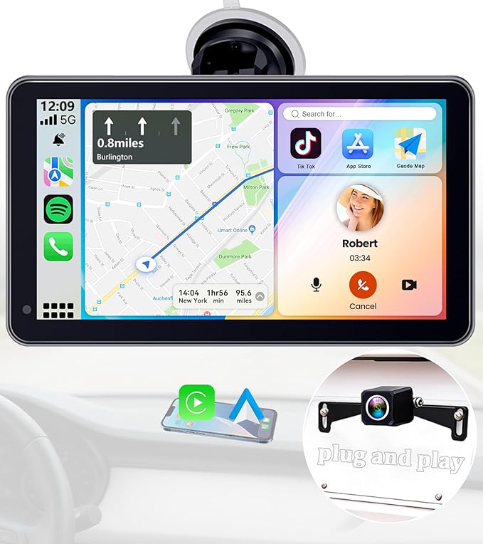 Portable Carplay Screen with Backup Camera - Plug-Play 7-inch HD 1080P Car Touchscreen Supports Both Apple CarPlay & Android Auto - No Dashboard Removal, GPS Navigation, Voice Control, Bluetooth