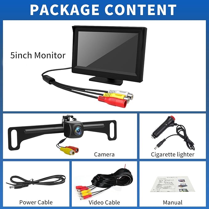 License Plate Backup Camera with 5in Monitor, 170 Degree Wide Angle DIY Grid Lines Waterproof Reverse Rear View Camera Systems for Truck Car Trailer SUV
