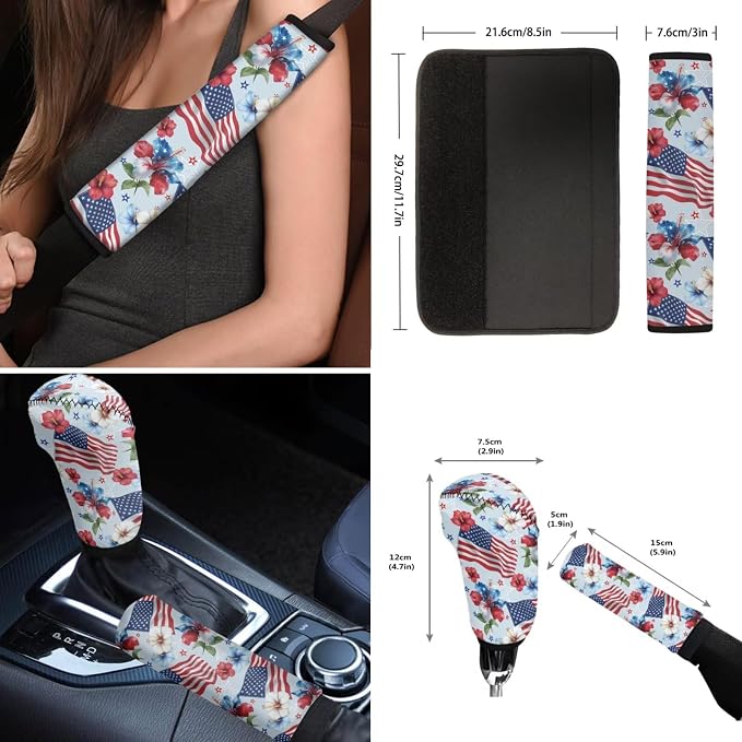 Wanyint Car Seat Cover Set 12 PCS, with Steering Wheel Cover Seat Belt Armrest Handbrake Gear Shift Knob Cover Set Coasters 4th of July Patriotic Decor Auto Accessories, American Flag Hibiscus Blue