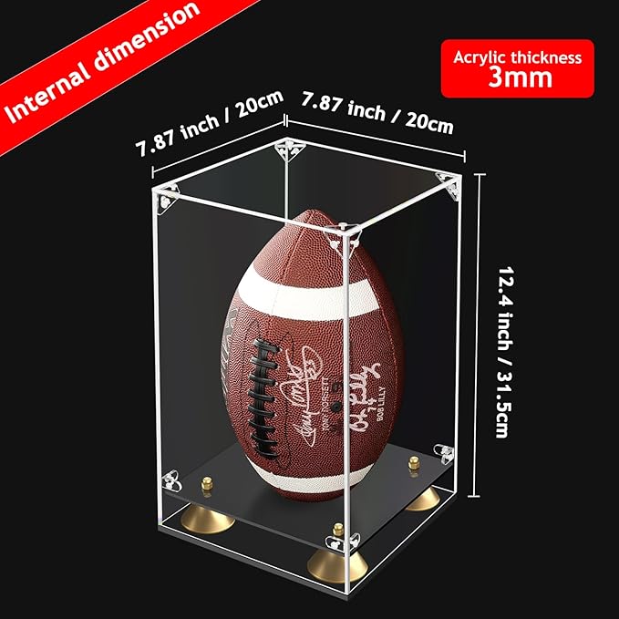 KOLIPI Football Display Case Full Size, Clear Acrylic Box with Double Layer Base Display Stand for Football Fans & Collectors, Sports Collectibles, Assembly Required, Black Base
