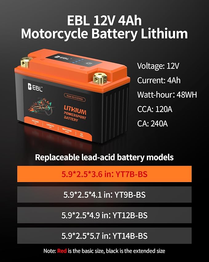 EBL Lithium YT9B-BS, 120CCA Lithium LiFePO4 Motorcycle Battery, 12V 4Ah ATV, UTV, Jet Ski, 4 Wheeler, Quad, Riding Lawn Mower, Tractor, Scooter, PWC, Seadoo, Polaris and Generator Battery.