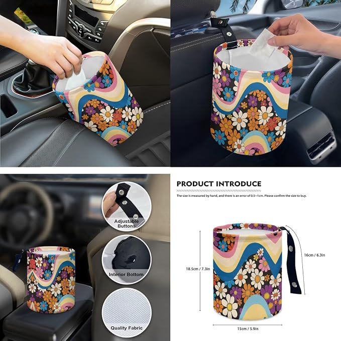 Hippie Flower 15 Pack Car Seat Cover Full Set with Car Steering Wheel Cover Auto Seat Belt Pads Cup Coaster Trash Can Rear View Mirror Cover Coasters Keychain