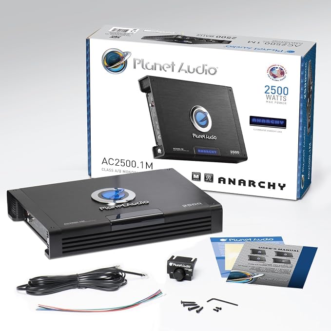 Planet Audio AC2500.1M Monoblock Car Amplifier - 2500 Watts Max Power, 2/4 Ohm Stable, Class A/B, Mosfet Power Supply, Remote Subwoofer Control