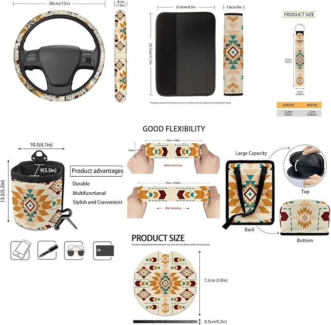 XYZCANDO Ethnic Prints Auto Interior 15 PCS Full Set Car Seat Cover Set Steering Wheel Cover Seat Garbage Bag Storage Box Belt Pads Cover Car Rear View Mirror Cover Coasters Keychain Fit Most Cars