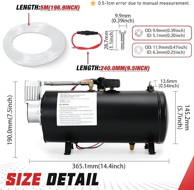 PTNHZ DC 12V MAX 150PSI Air Compressor Tank Pump w/3 Liter 0.8 Gallon Tank For Train Truck Boat Pickup Motorhome Portable Air Compressor Pump