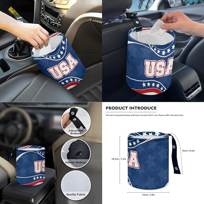 American Flag Print Full Set Car Seat Covers with Steering Wheel Cover Armrest Cushion Safety Belt Pads Car Rearview Mirror Cover Gear Shift Knob and Handbrake Covers Trash Bag