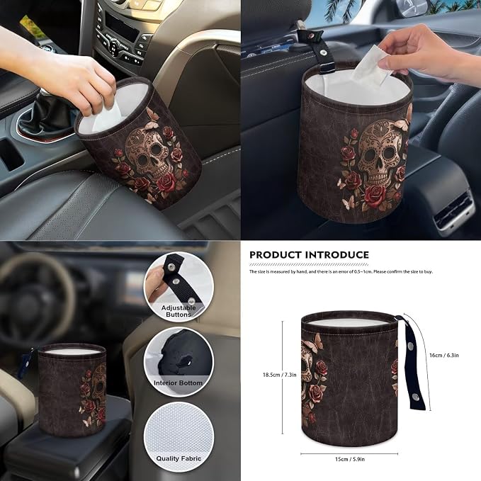 Skull Rose Print Automotive Seat Covers Full Set Includes Car Front and Rear Seat Covers Steering Wheel Cover Armrest Cushion Safety Belt Pads Cup Coasters, etc, Easy to Install