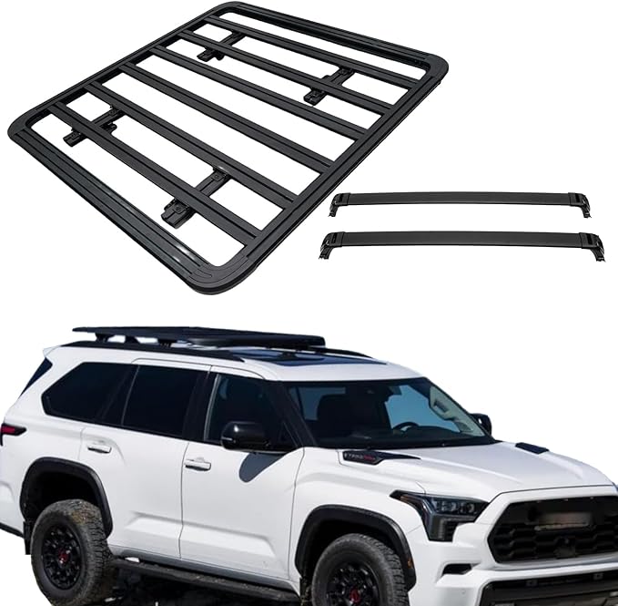 Roof Rack Cargo Basket & Roof Rack Cross Bars for Toyota Sequoia 2023 2024 2025 2026 Roof Luggage Carrier Kit Aluminum Black
