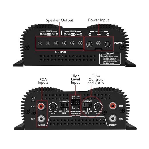 Taramps TS 800x4 2 Ohms Black Multichannel Stereo Amplifier 800 Watts Rms, 4 Channels, Full Range, Car Audio Digital 2 Bridged Channel, Crossover High/Low Pass, with RCA and Automatic High Level Input
