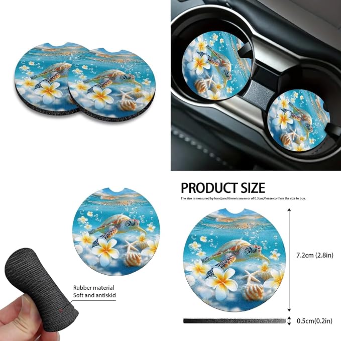 Sea Turtle Plumeria Print 10 Pcs Car Accessories Set Breathable Car Seat Covers Steering Wheel Cover Trash Can Auto Air Vent Storage Bag Cup Coasters Keychain Fits for Most Vehicle