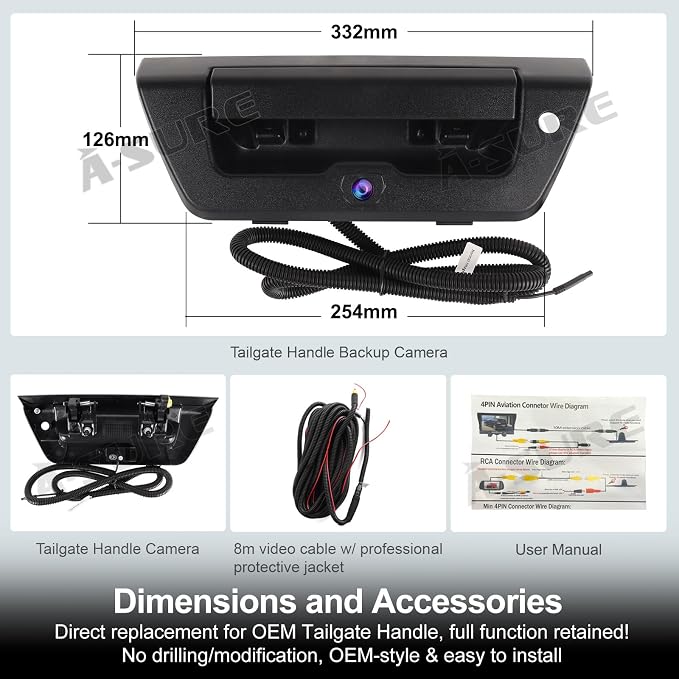 ASURE Tailgate Handle Backup Camera for Ford F150 2015-2020 | 1080P HD, 170ยฐ Wide Angle, Night Vision, IP68 Waterproof, RCA Plug, Switchable Guide Lines for Trucks & Tight Parking