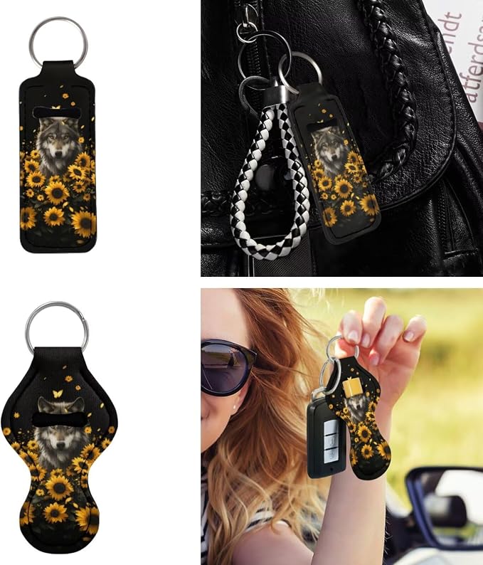 Wolf Sunflower Black Print Car Accessories Car Seat Covers Full Set with Steering Wheel Covers+Seat Belt Pads+Coasters+Keychain+Lipstick Holder Universal Fit 13 Pack