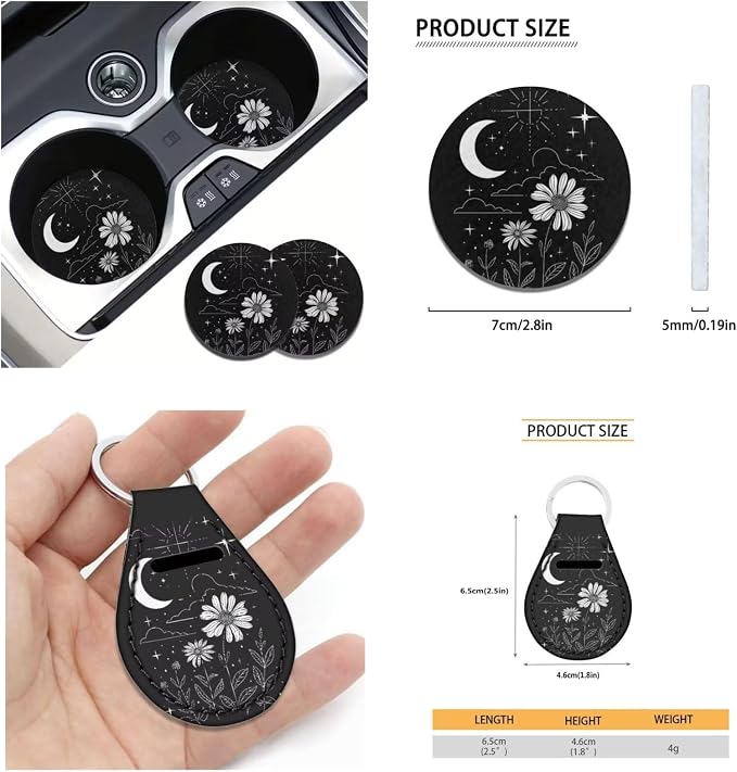 Ystardream Starry Daisy Car Seat Cover Full Set for Women Men Rubber Steering Wheel Cover License Plate Frame Mirror Covers Moon and Stars Car Accessories for Car SUV Truck