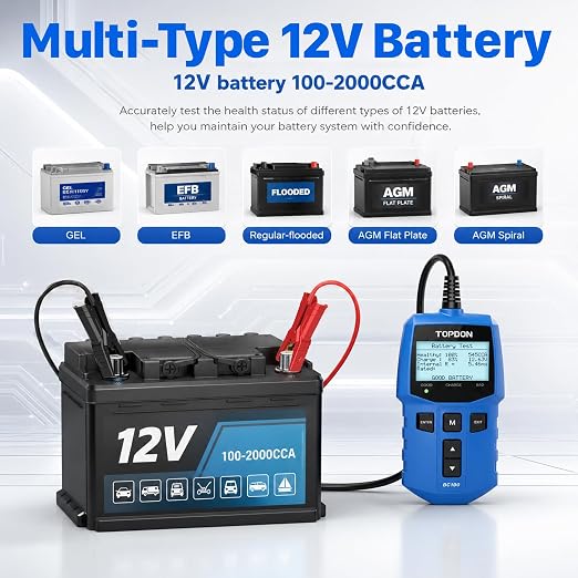 TOPDON BC100 Car Battery Tester 12V Automotive Battery Analyzer for Technicians & DIYers, 100-2000 CCA Digital Battery Load Tester, Fits Car, Truck, Motorcycle, ATV, SUV, Boat, Yacht, Golf Cart