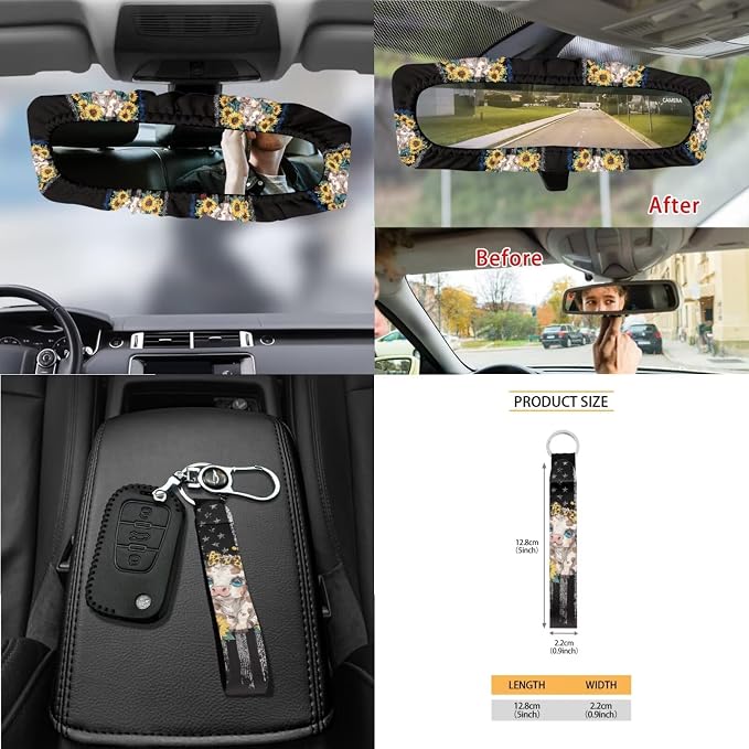 Cow Sunflower American Flag Pattern Front and Back Seat Protector, Steering Wheel Cover Seat Belt Pads Trash Can Air Vent Storage Bag Keychain Universal Fit Most Cars Sedans