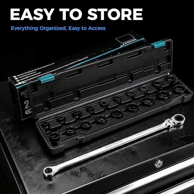 Extra-Long Flex Head Ratchet Wrench & 19 Pcs 3/8" Low Profile Impact Socket