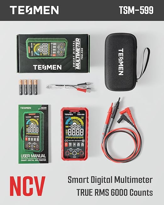 TESMEN TSM-599 Smart Digital Multimeter, Auto&Manual Measurement, TRMS 6000 Counts, Voltmeter with NCV, Voltage&Current, Resistance, Continuity, Diode, Capacitance, Hz%, Temperature, Live Wire - Red