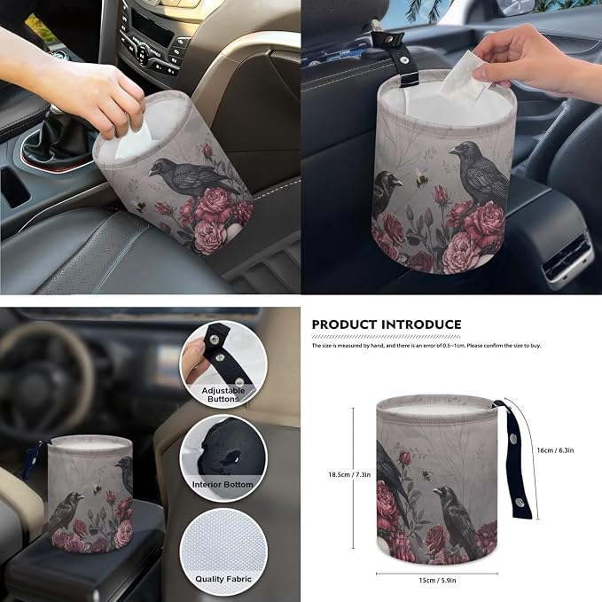 15 Pcs Rose Skull Car Seat Covers Full Set for Women Goth Raven Car Accessories Interior Car Steering Wheel Cover Seatbelt Covers Trash Bin Rear View Mirror Cover Cup Holders Keychain