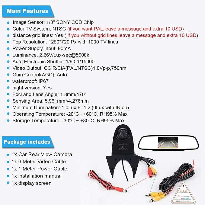 Third Roof Brake Lamp car Backup Camera Replacement for VW Crafter T5 Benz Sprinter vito Viano Citroen Dacia Fiat Ford Hyundai Isuzu Iveco Mitsubishi Nissan Seat Skoda Toyota+4.3" Reverse Mirror