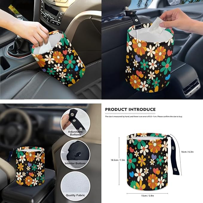 15 Pcs Hippie Flower Car Seat Cover Full Set for Women with Car Steering Wheel Cover Seat Belt Cover Trash Bin Front Rear View Mirror Car Cup Holder Keychain