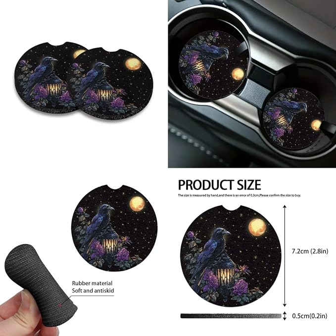 Crow Moon Rose Lantern Print 10 Pcs Car Accessories, Auto Front and Rear Seat Covers Full Set Steering Wheel Cover Air Vent Pounch Box Car Rubbish Bin Cup Coasters Keychain for Women Men
