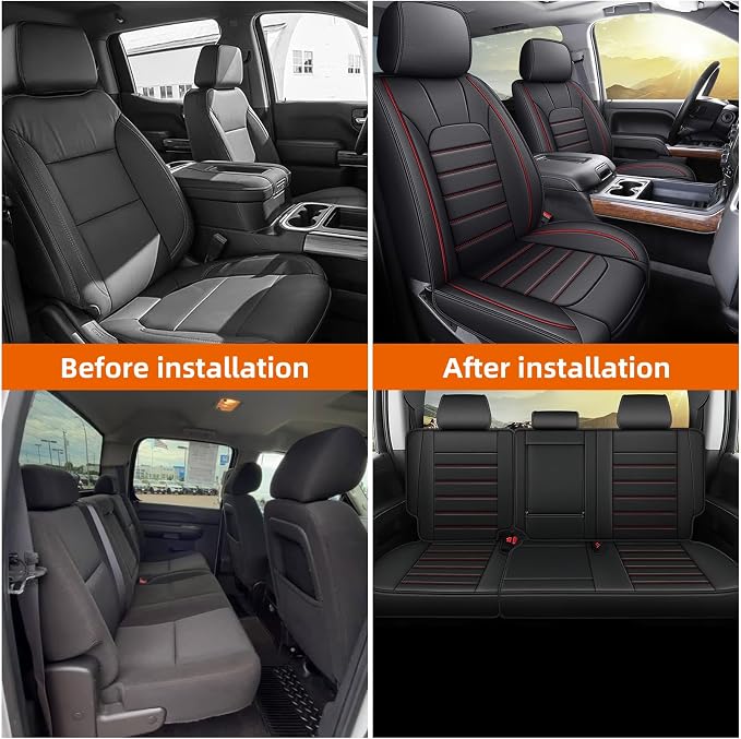Custom Fit for Chevy Silverado Seat Covers/GMC Sierra Seat Covers 2007-2025 2026 Pickup 1500 2500HD 3500HD Trail Boss Z71 Crew Double Extended Cab Leather Seat Cushion Covers (Full Set, REDLINE)