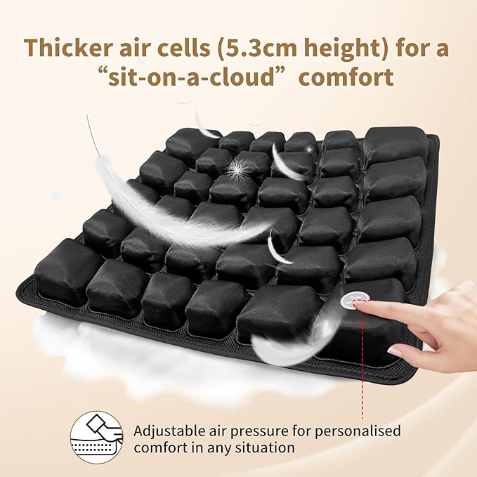 Inflatable Seat Cushion with Built-in Pump for Airplane Travel, Car & Office Chair - Portable Air Pad for Sciatica, Coccyx & Tailbone Pain Relief - 3D Air Cell Support for Long Sitting, 0.8lbs