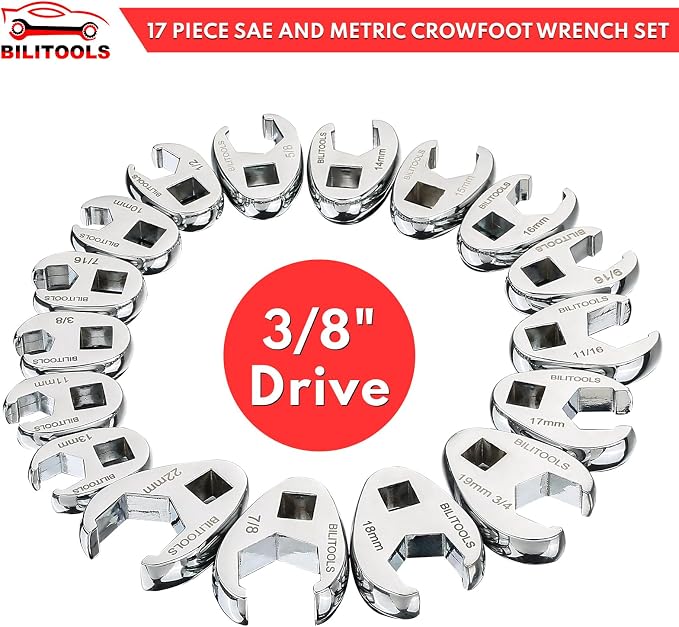 BILITOOLS Wobble Extension Set& Crows Foot Wrench Set, 3/8" Drive Crowfoot Flare Nut Cr-V Metric 10-22mm & SAE 3/8"-7/8" | 17 Piece