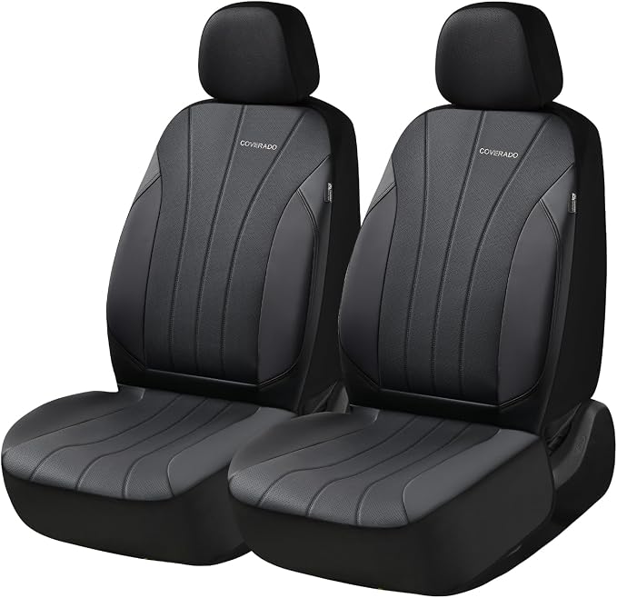 Coverado Car Seat Covers, 2 Front Seats Waterproof Nappa Leather Automotive Seat Protectors, Front Luxury Mesh Seat Covers, All-Weather Universal Fit for Most Cars SUVs, Trucks,Black