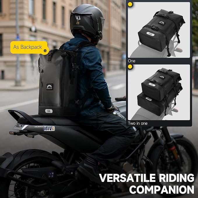 Motorcycle Tail Bag, 15L Waterproof Motorcycle Saddle Bag | 2 Size and 3 Color Options Travel Bag, PVC Luggage Bag, Rear Seat Bag, Classic Black GT-15BL
