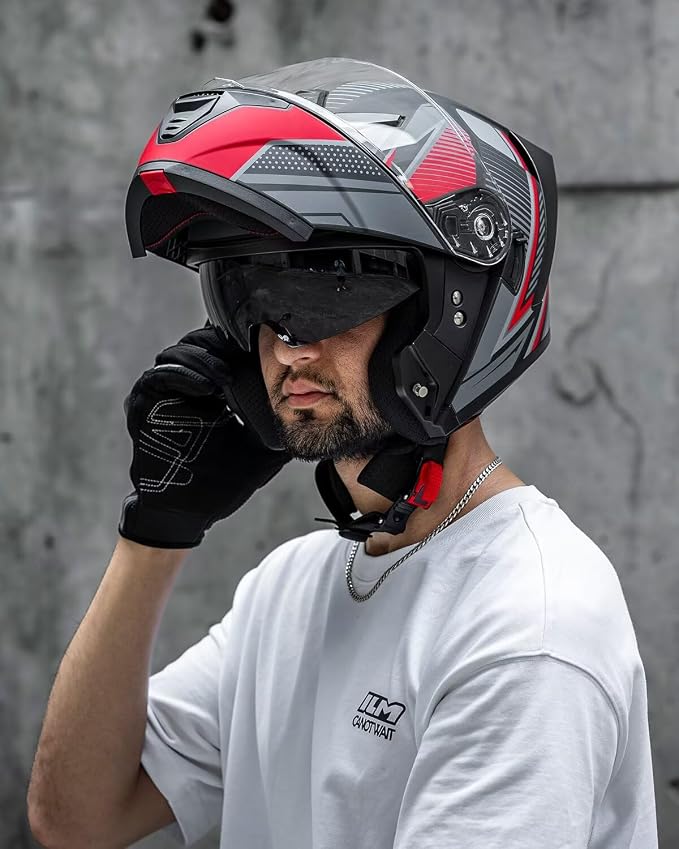 ILM Modular Motorcycle Helmet for Adults Full Face Flip up Riding with Dual Visor Street Bike Racing DOT Model MM966 (Black Red, M)