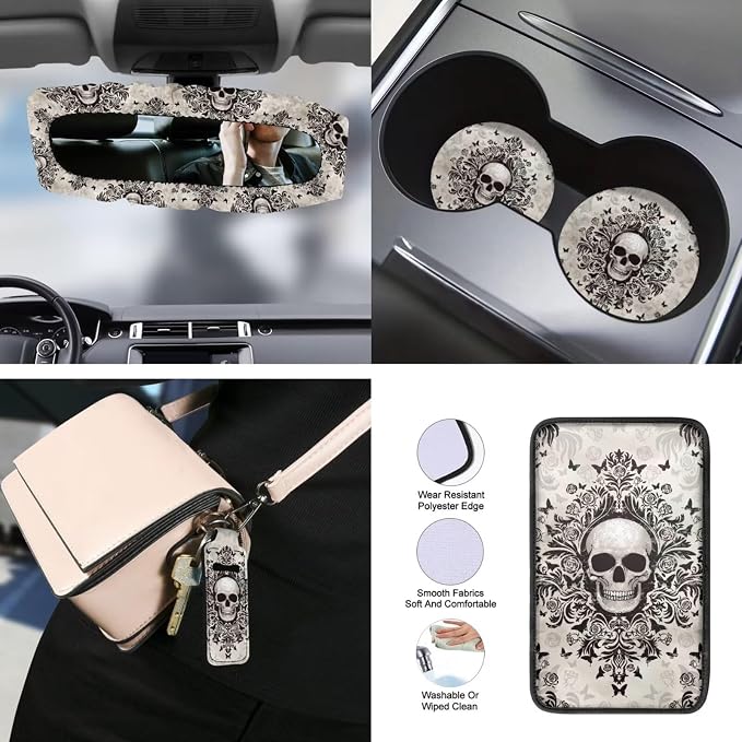 Gothic Skull Print Car Interior Cover Set Includes High Back Seat Covers Steering Wheel Cover Safety Belt Pads Headrest Covers Center Console Pad Cup Cushions Key Chain for Men Women