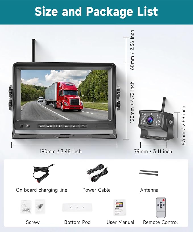 RV Wireless Backup Camera, 7" IPS Monitor +AHD Rear View Camera,Support Up to 4 Cameras DVR Image Flip, Wireless Back Up Camera 12V-36V for Truck/Trailer/RV/Camper/Excavator/Caravan