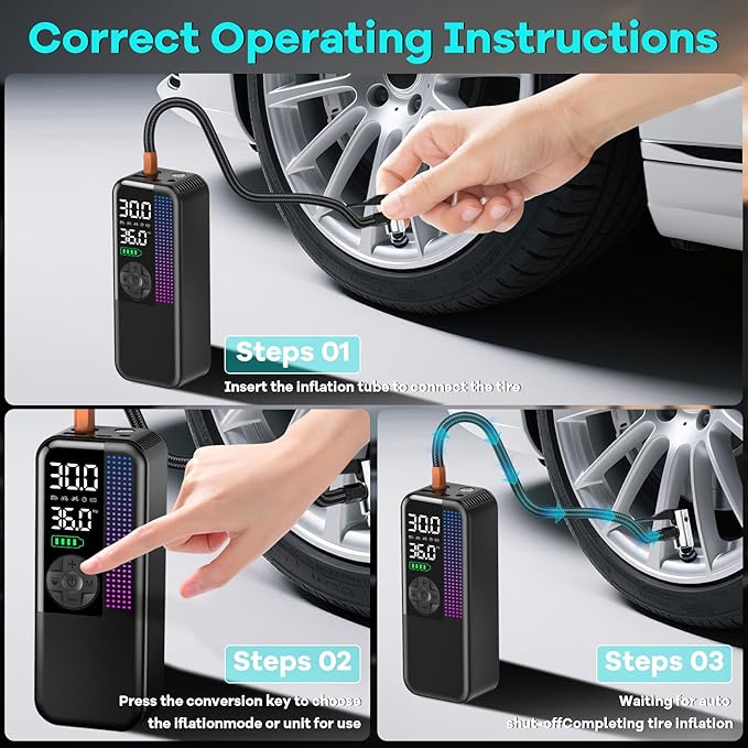 WEOLULI Tire Inflator Portable Air Compressor,150 PSI Cordless Air Pump, 12V DC Car Plug,Dual Power 10000mAh, Fast Inflation 24L/Min, 4 Preset Modes for Car, Bike, Motorcycle, Balls (Black, 10000mAh)