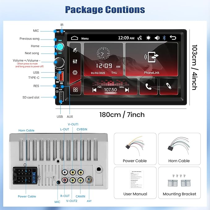 CAMECHO 7 Inch Double Din Car Stereo Touch Screen Bluetooth Car Radio Support Mirror Link FM Radio USB/Type-C/AUX/SD Input Car Audio Receivers Multimedia MP5 Player 2 Din Head Unit