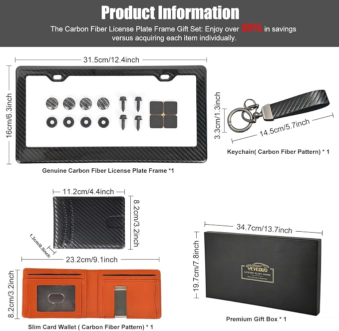 Real Carbon Fiber License Plate Frame 5PCS Gift Set, Car Accessories with RFID Blocking Carbon Fiber Pattern Wallet, Keychain, Cup Holder Mats & Tire Valve Caps, Screw Caps, Rattle-Proof Pad