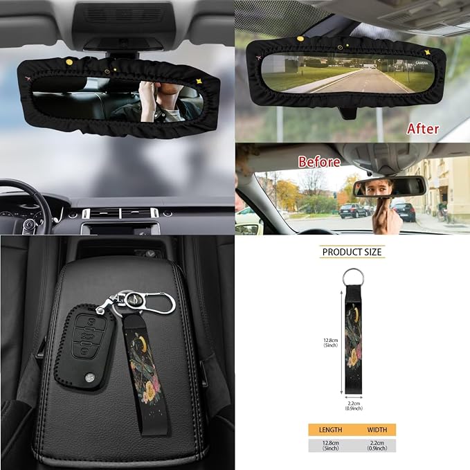 Dragonfly Roses Floral Moon Print Car Seat Cover Sets Steering Wheel & Seat Belt Cover Trash Bin Air Vent Storage Box Front Rear View Mirror Cup Holder Keychain 15Pcs Car Accessories