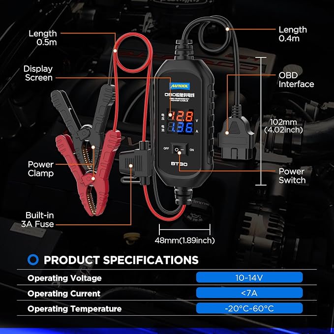 AUTOOL OBD II Car Memory Saver Cable 12V Vehicle ECU Emergency Power Supply Cable Digital Display OBD II Battery Leakage Detective Kit with 3A Fuse & 2 Alligator Clips