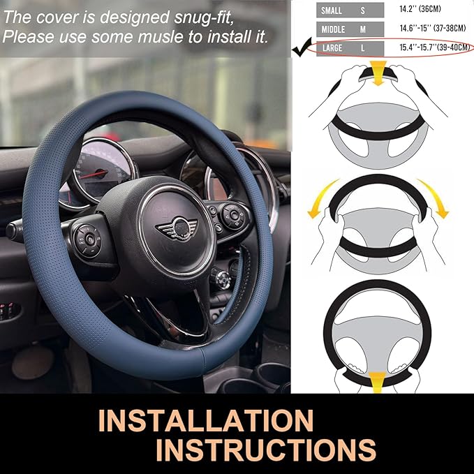 PINCTROT Large Size Nappa Leather Steering Wheel Cover, Slim Fit No Bulk Design, One Piece Leather with Breathable Perforation, Fit Like Gloves, 15.5-15.75 Inch(Nappa Smoky Blue)