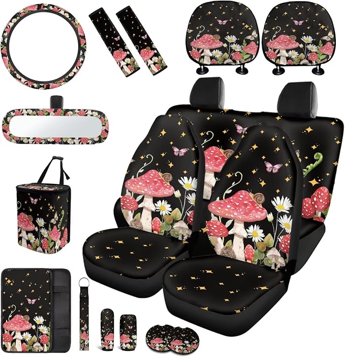 17 Pieces Mushroom Car Seat Covers Full Set for Women Girly,Starry Sky Mushroom Car Accessories Set with Steering Wherl Cover Seat Belt Cover Pad Car Headrest Cover Cup Coaster Sets