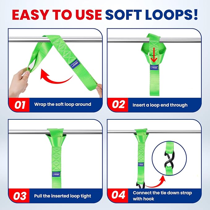 MOCA Green Heavy Duty Ratchet Tie Down Straps - 5,200 Lbs Breaking Strength 1.6" x 8', with 4 Heavy Duty Ratchet Padded Handles & Coated Chromoly S Hooks & 4 Soft Loop Tie-Downs (Green)