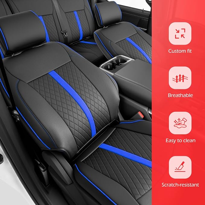 TAPTES Car Seat Covers Custom Fit for Ford F150 2015-2026, Only Front Row Set Leather Waterproof Protector Trucks Pickup Seat Cushion for F-150 SuperCrew XL XLT Interior Accessories 6Pcs Black & Blue
