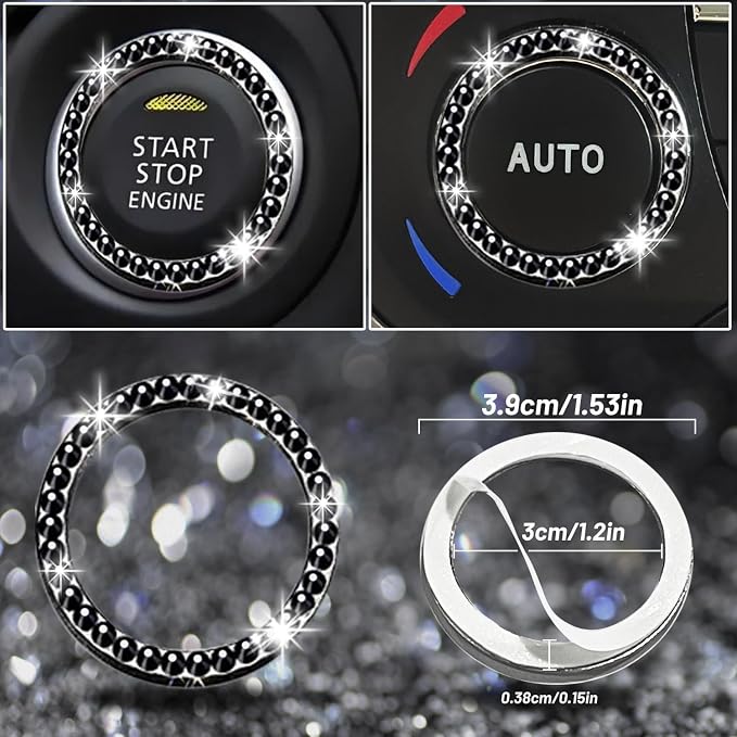 NBTEPEM 12 Pcs Bling Car Accessories Set for Women Car Floor Mats Full Set Steering Wheel Cover Seat Belt Covers Coasters Universal Fit Car SUV Truck Van Black