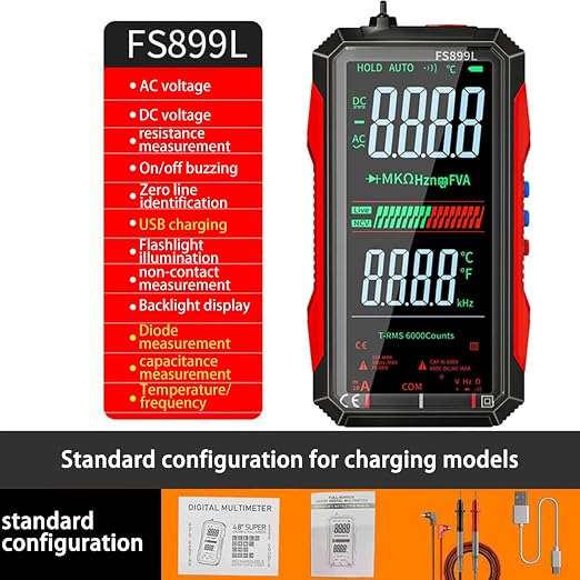 6000 Counts True RMS AC/DC Voltage Tester,FS899L Digital Multimeter with Color Screen, USB C Rechargeable Electrical Testing, NCV, Capacitance, Non Contact Voltage Detector for Car, Home(FS899L)