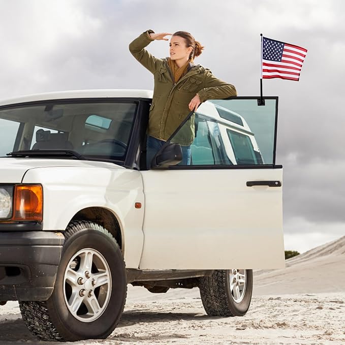 2Pack Car Flag with Flagpole Mount & American Flag, 12" x 16" Two-section Removable Flagpole, 19" USA Flag Pole Fixed Window Adjustable Clip Mount For Most Vehicle Window