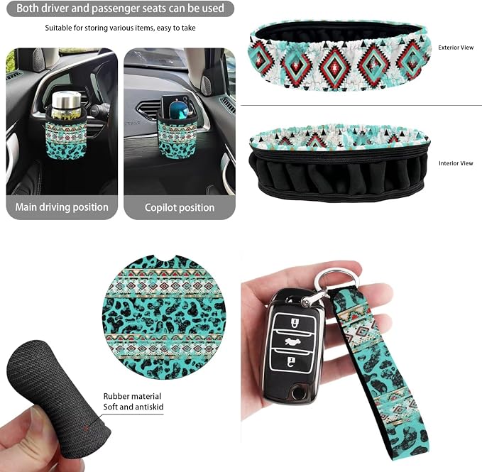 Dreaweet Aztec Cow Print Seat Covers for Cars Full Set Turquoise Front and Back Seat Covers with Steering Wheel Cover Seat Belt Pads Coasters Trash Bag Air Vent Pouch Rear View Mirror Cover Keychain